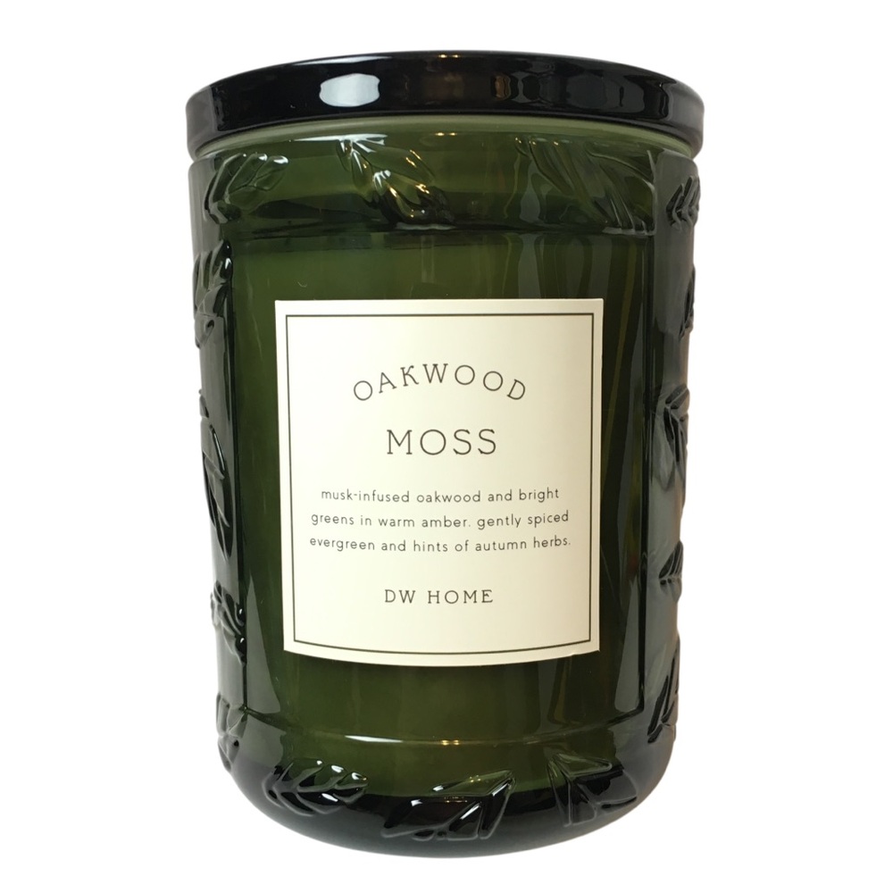 DW Home Oakwood Moss Scented Candle 2 Wick Embossed Leaf Pattern Green Glass NEW